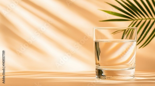This visually striking image showcases a crystal glass filled with water, casting artistic shadows on a warm background, symbolizing clarity, tranquility, and an inviting home environment.