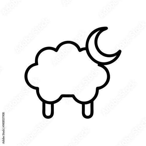A peaceful fluffy sheep under a crescent moon, dreaming sweet dreams of nighttime tranquility in a simple bold line art style.