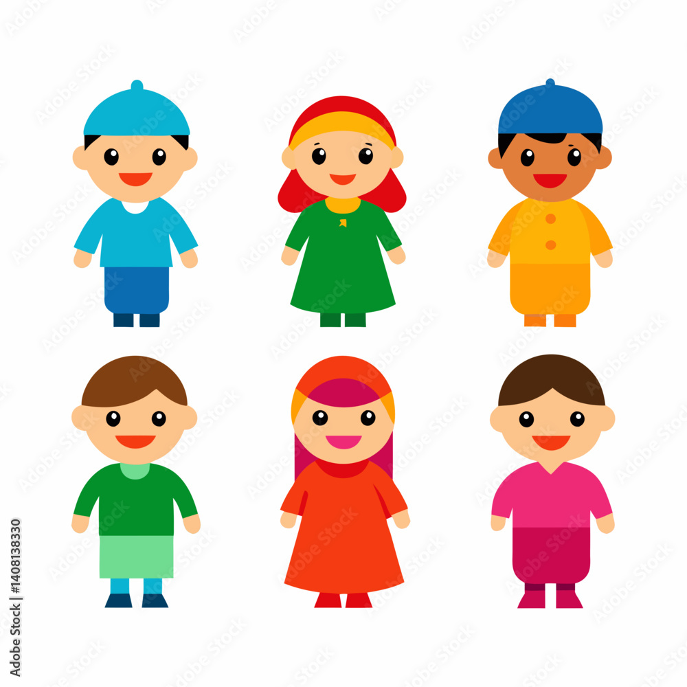 Happy diverse children in colorful traditional clothing smiling brightly, showcasing global unity and cultural diversity with a simple flat design. Happy diverse children in colorful traditional clothing smiling brightly, showcasing global unity and cultural diversity with a simple flat design.