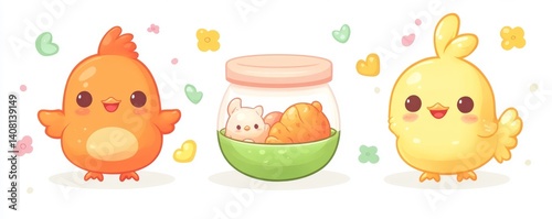 Pixel Art Depiction of Food Including Orange Slices in a Bowl, a Jar of Oranges, and a Charming Bottle