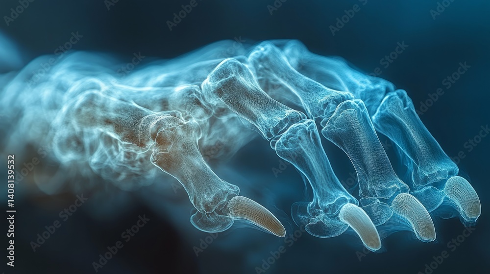Fototapeta premium The animal's paw, captured on an X-ray, shows the bone structure, joints and anatomical elements in vivid detail.