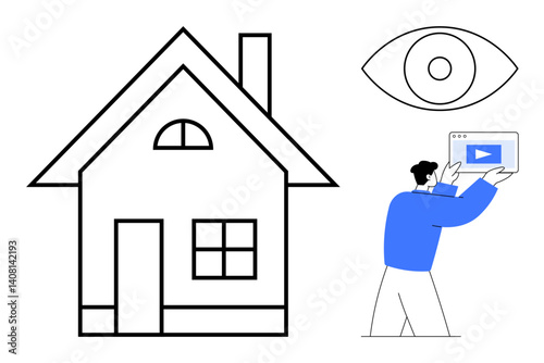 Large house with chimney, abstract eye representing observation, person holding screen with video icon. Ideal for technology, real estate, smart home, online media, security, connectivity simple
