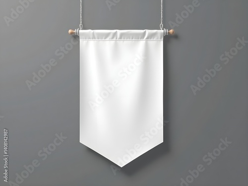 White Hanging Textile Pennant Banner Mockup on Grey background – Minimalist Hanging Display Template for Professional Branding, Advertising, and Marketing Designs