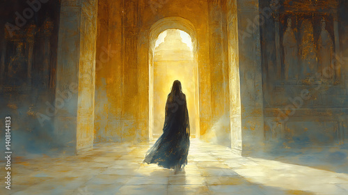 The woman walking toward open light, temple fading in the background, symbolic fresh start, emotional stillnessHighly detailed, cinematic composition,Realistic anatomy and drapery,