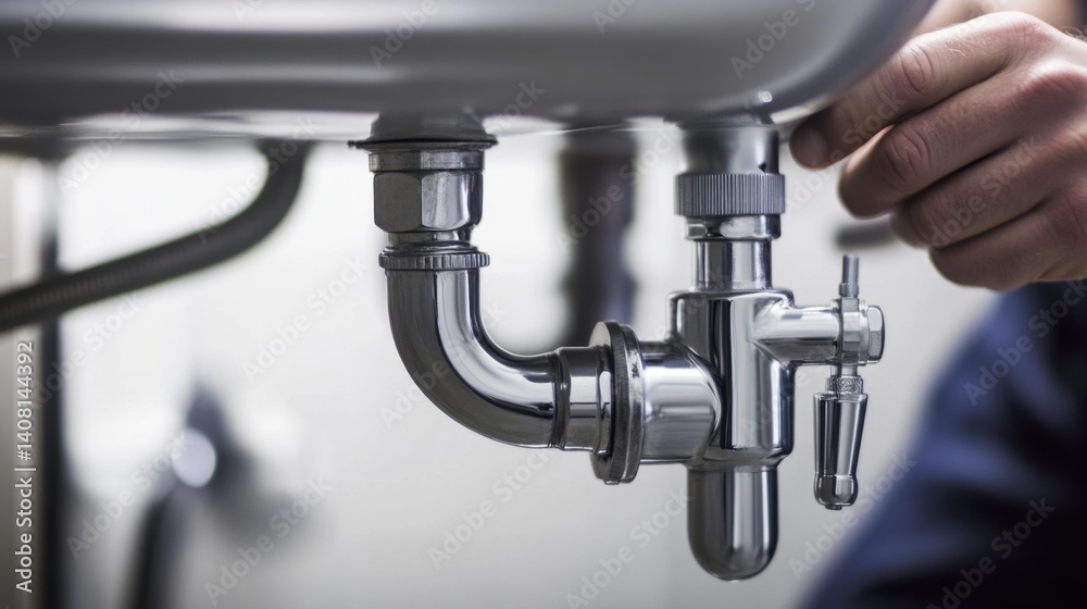 Plumber inspecting pipes under a bathroom sink. Featuring technical skill and efficiency Plumber inspecting pipes under a bathroom sink. Featuring technical skill and efficiency