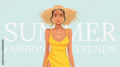 Minimalist vector illustration of fashionable woman in yellow dress and straw hat. Summer style, beauty, and elegance. Perfect for magazine, blog, ad, and seasonal design.