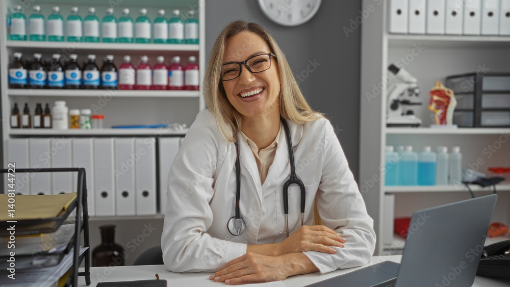 Woman smiling in a clinic setting with stethoscope and laboratory equipment in the background, conveying a sense of professionalism and healthcare environment