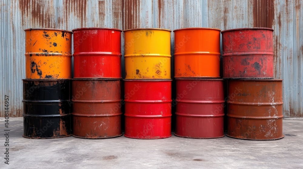 An artistic display of stacked oil drums against a rusted backdrop, demonstrating industrial charm and a fusion of colors that reflect an urban environment and manufacturing essence. An artistic display of stacked oil drums against a rusted backdrop, demonstrating industrial charm and a fusion of colors that reflect an urban environment and manufacturing essence.