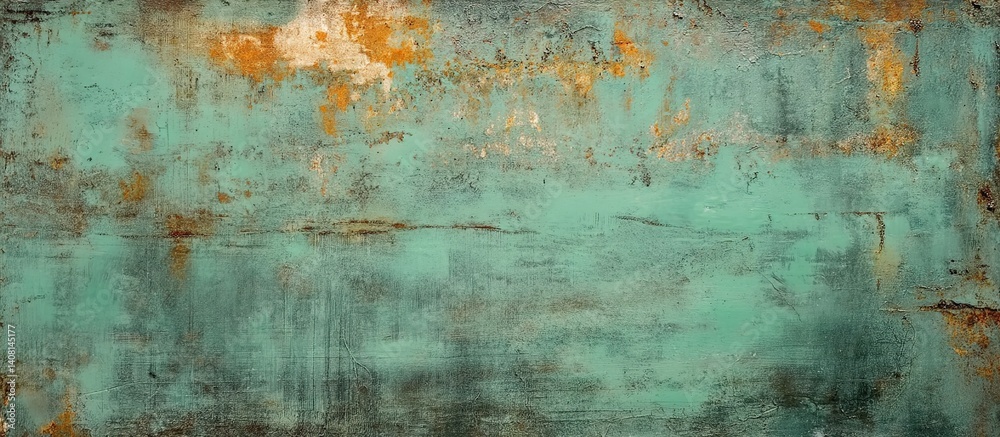 Turquoise metal surface with heavy rust corrosion and peeling paint textures, macro close-up revealing intricate weathering patterns, industrial decay aesthetic on monochromatic background. Turquoise metal surface with heavy rust corrosion and peeling paint textures, macro close-up revealing intricate weathering patterns, industrial decay aesthetic on monochromatic background.