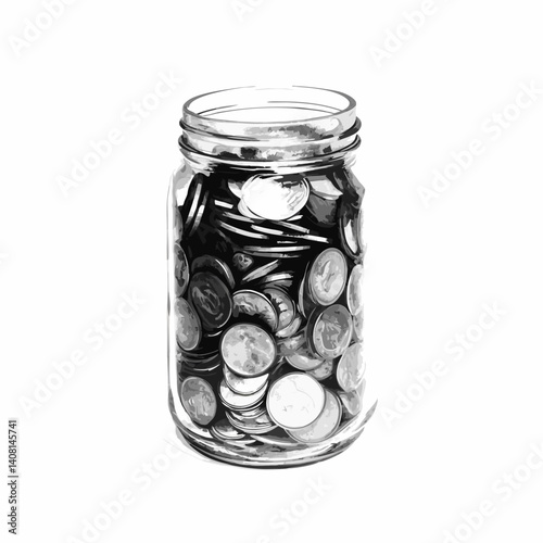 Monochrome vector illustration of jar filled with coins for savings concepts