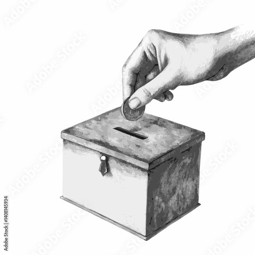 Monochrome vector illustration of hand putting coin into donation box