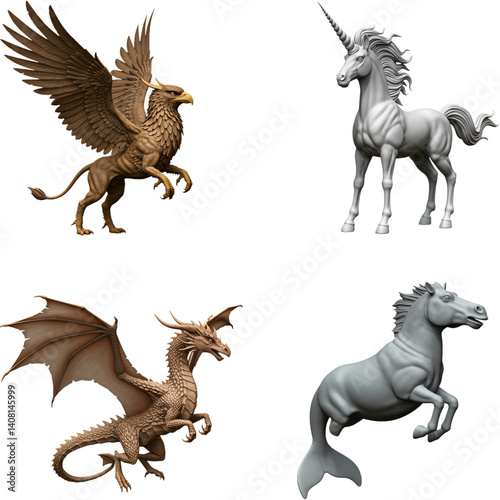 A collection of four fantastical creatures, digitally rendered and isolated on a transparent background