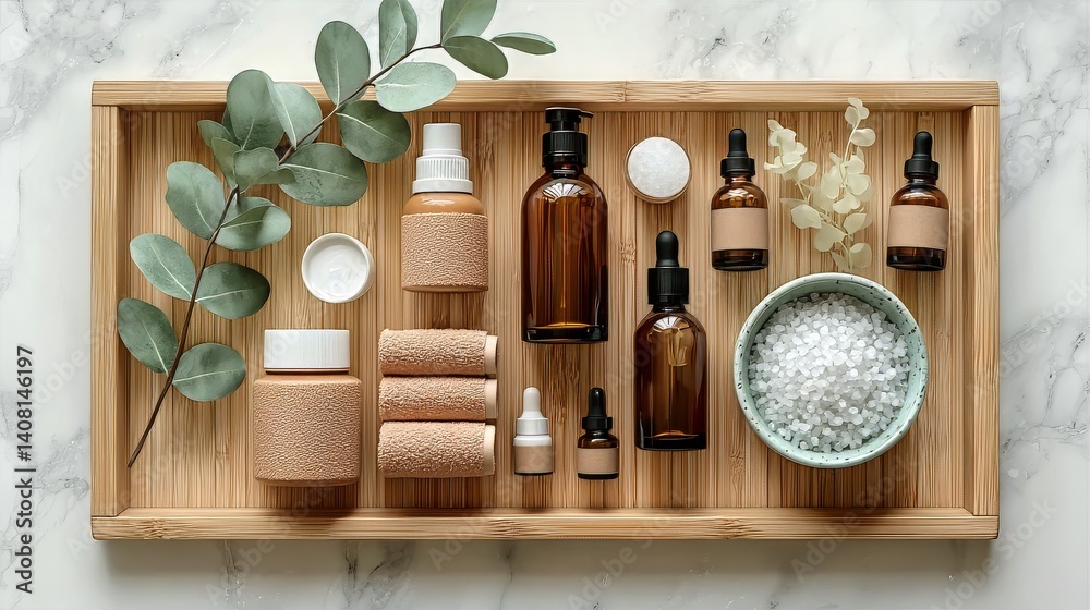 A flat lay showcasing amber glass bottles of essential oils and skincare products arranged on a bamboo tray with eucalyptus sprigs and bath salts for a spa or wellness concept.