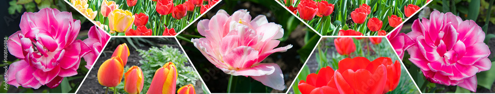 Fototapeta premium Red tulip flowers on the background of the spring garden. Collage. Mosaic pattern.