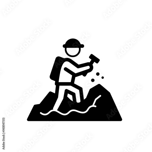 A geologist works on a mountain with a hammer