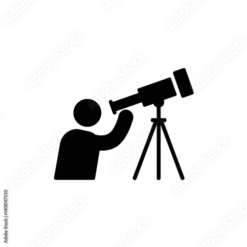 Person gazing through a telescope against a simple background  
