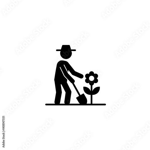Gardener planting flower with shovel in black silhouette style  