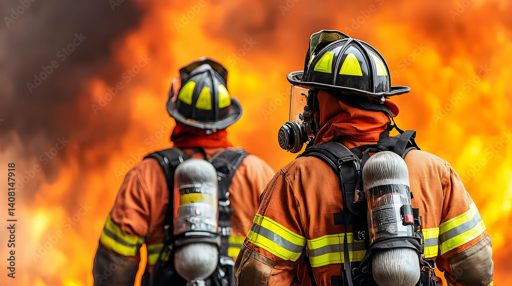 Two Firefighters in Protective Gear Facing a Fiery Blaze with Orange and Yellow Flames and Smoke Two Firefighters in Protective Gear Facing a Fiery Blaze with Orange and Yellow Flames and Smoke