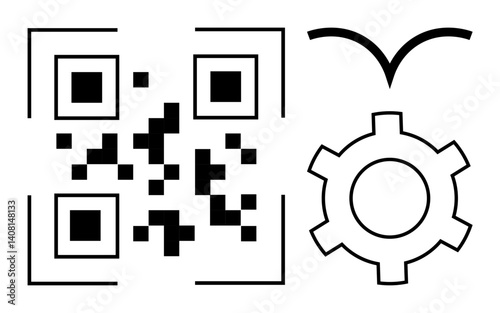 QR code accompanied by a gear and a bird-thumbs up design. Ideal for innovation, digital tools, automation, data analysis, connectivity, modernization, efficient workflows, simple landing page