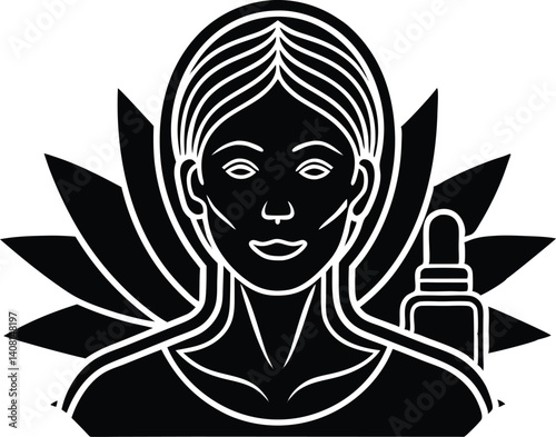 anti aging treatment silhouette icon, girl with flowers, coat of arms with wings vector, vector illustration of yoga lotus position on white background.