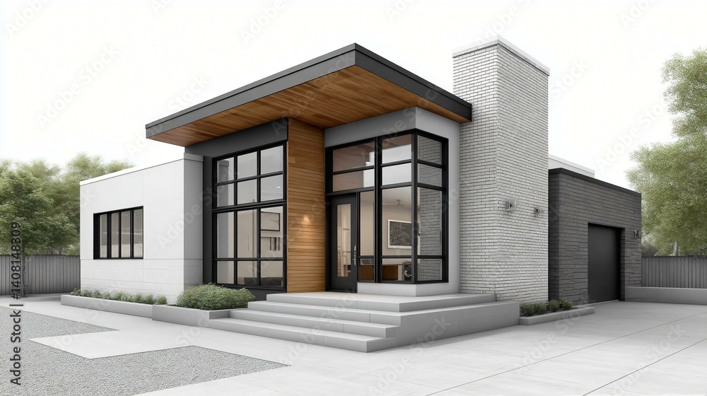 Fototapeta premium Modern house design with minimalist front elevation, represented in a digital sketch style with scale markers and reference grid