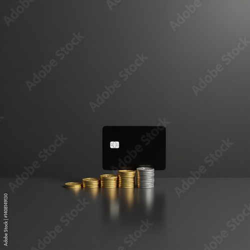 Obraz na płótnie Black credit card above growing gold and silver coins stacks dark background financial growth w salonie
