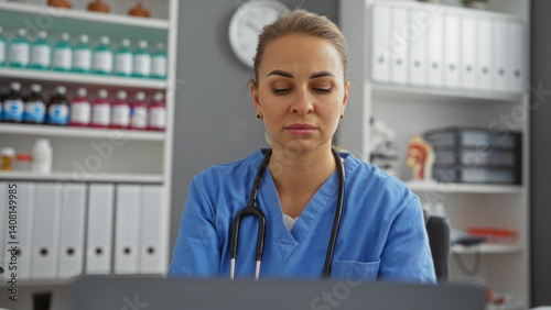 Woman doctor with stethoscope and blonde hair works in a clinic wearing blue scrubs, focused on her tasks, sitting indoors with medical equipment surrounding her.