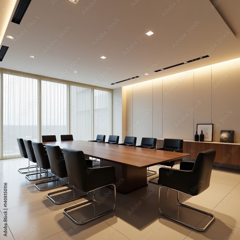 Modern boardroom meeting space design sleek wooden table chairs under bright recessed lighting large