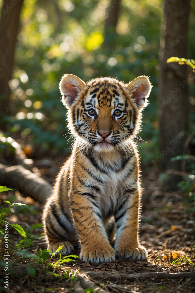 Obraz premium A playful tiger cub with striking stripes and bright eyes, radiating energy and curiosity. A symbol of strength, wild beauty, and youth