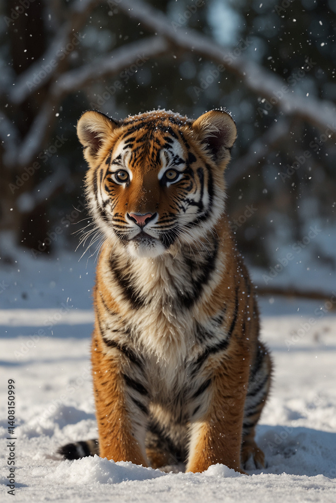 Obraz premium A playful tiger cub with striking stripes and bright eyes, radiating energy and curiosity. A symbol of strength, wild beauty, and youth