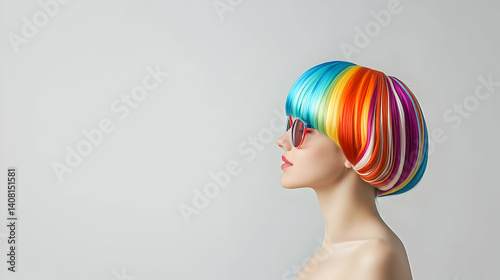 Profile Of A Young Woman Wearing A Vibrant Multicolored Wig And Stylish Glasses Against A Plain Gray Backdrop In A Studio Setting