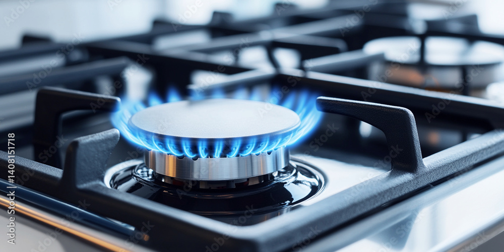 Small blue flames in the gas stove, concept for cooking and rising energy prices