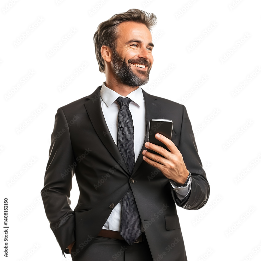 Businessman with mobile in hand isolated on transparent background PNG Businessman with mobile in hand isolated on transparent background PNG