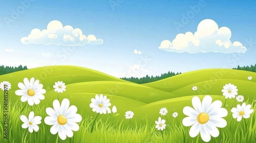Springtime meadow landscape, hills, flowers, clouds