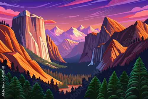 Yosemite National Park landscape, Yosemite Valley at sunset time, California