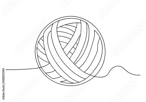Minimalist black and white continuous line drawing of a ball of yarn with unraveling thread on a clean background in abstract style

