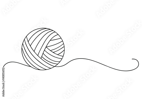 Minimalist black and white continuous line drawing of a ball of yarn with unraveling thread on a clean background in abstract style

