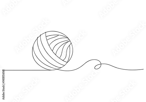 Minimalist black and white continuous line drawing of a ball of yarn with unraveling thread on a clean background in abstract style

