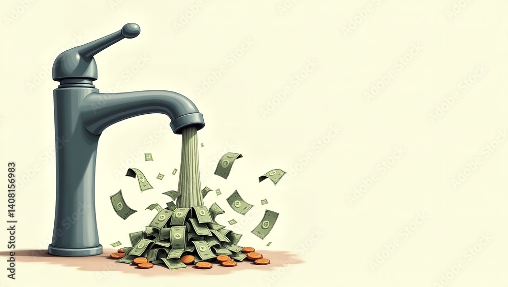 Money flowing from a tap symbolizing wasted resources and financial loss simple illustration style
