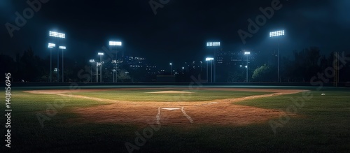 Nighttime baseball field with illuminated pitcher’s mound and home plate, empty green field under stadium lights, distant stands and mountain silhouettes under starless dark blue sky.