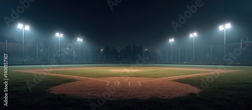 Nighttime baseball field with illuminated pitcher’s mound and home plate, empty green field under stadium lights, distant stands and mountain silhouettes under starless dark blue sky.