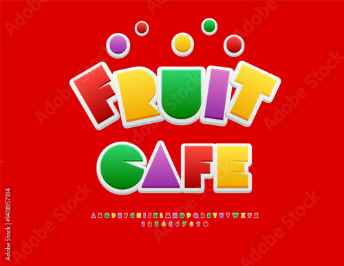 Vector Joyful signboard Fruit Cafe. Festive Colorful Font. Bright Creative Alphabet Letters and Numbers set