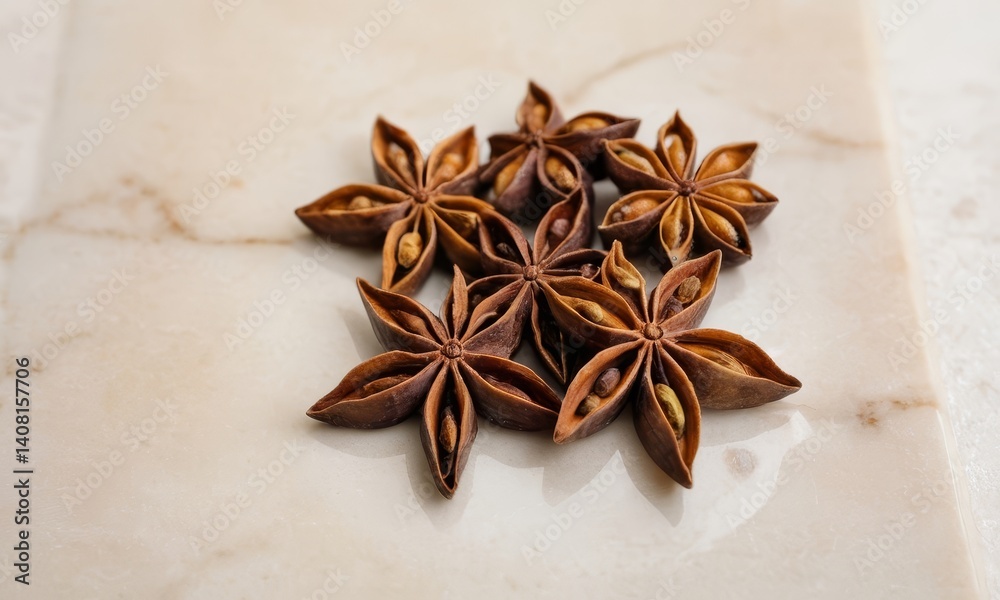 Aromatic star anise spices on marble surface for culinary background Aromatic star anise spices on marble surface for culinary background