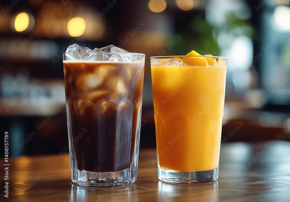 Refreshing Iced Coffee and Bright Mango Juice Drinks Served in Glasses on a Stylish Wooden Table in a Modern Café Setting Refreshing Iced Coffee and Bright Mango Juice Drinks Served in Glasses on a Stylish Wooden Table in a Modern Café Setting