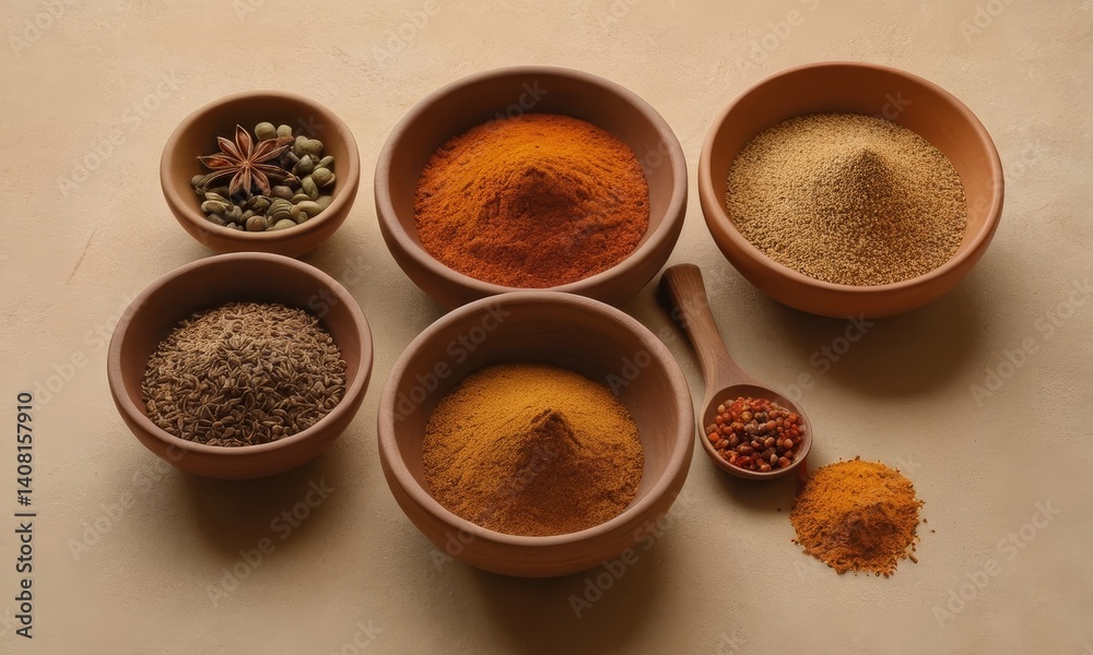 Assorted aromatic spices and herbs arranged in rustic bowls enhance culinary experience Assorted aromatic spices and herbs arranged in rustic bowls enhance culinary experience