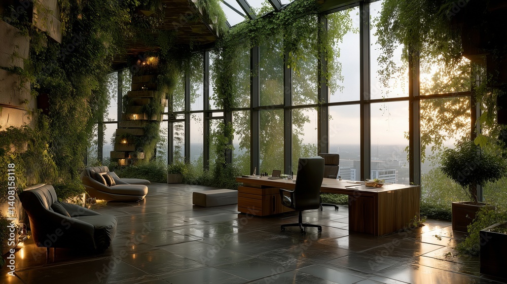 Fototapeta premium ultramodern eco office interior with vertical gardens and solar city view