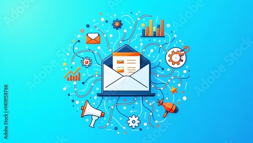 Email marketing strategy digital communication online promotion vibrant graphic design laptop email