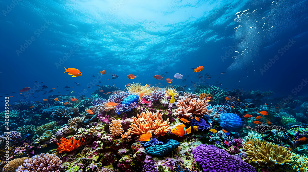 Fototapeta premium Vibrant Coral Reef Ecosystem Teems With Colorful Fish in a Sunlit Underwater Seascape