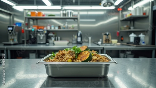 Couscous and grilled zucchini in modern industrial kitchen setting