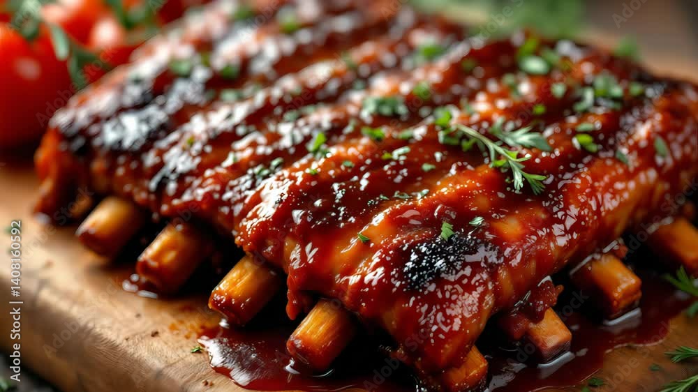 Juicy glazed ribs with caramelized surface and grill marks topped with herbs. Concept of bold meat flavor and barbecue cuisine